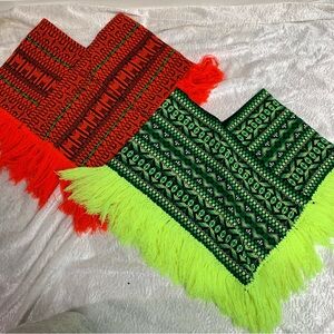 Vintage 1970s Vibrant Red and Green Patterned Ponchos